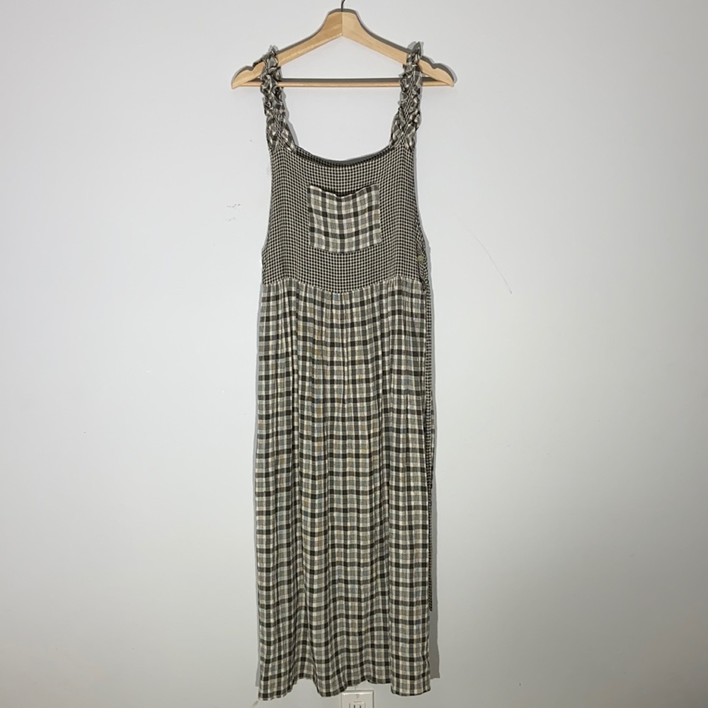 Vintage Green & Tan Plaid Maxi Jumper Dress w/ Tie Waist & Ruffle Detail Straps